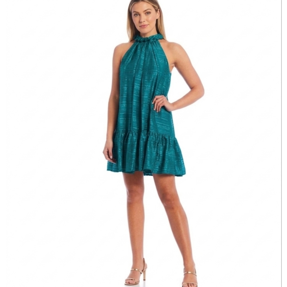 Badgley Mischka Teal Halter Ruffle Mini Dress